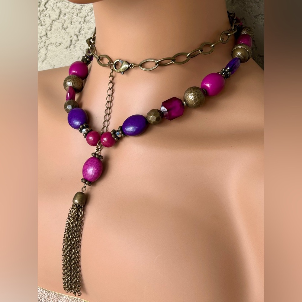 Bohemian Pink and Purple Beaded With Tassel Necklace - Picture 2 of 5